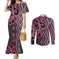 Maori Taniko Patterns Couples Matching Mermaid Dress and Long Sleeve Button Shirt Pink Patiki Motifs Mix Whakairo Ngaru