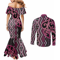 Maori Taniko Patterns Couples Matching Mermaid Dress and Long Sleeve Button Shirt Pink Patiki Motifs Mix Whakairo Ngaru