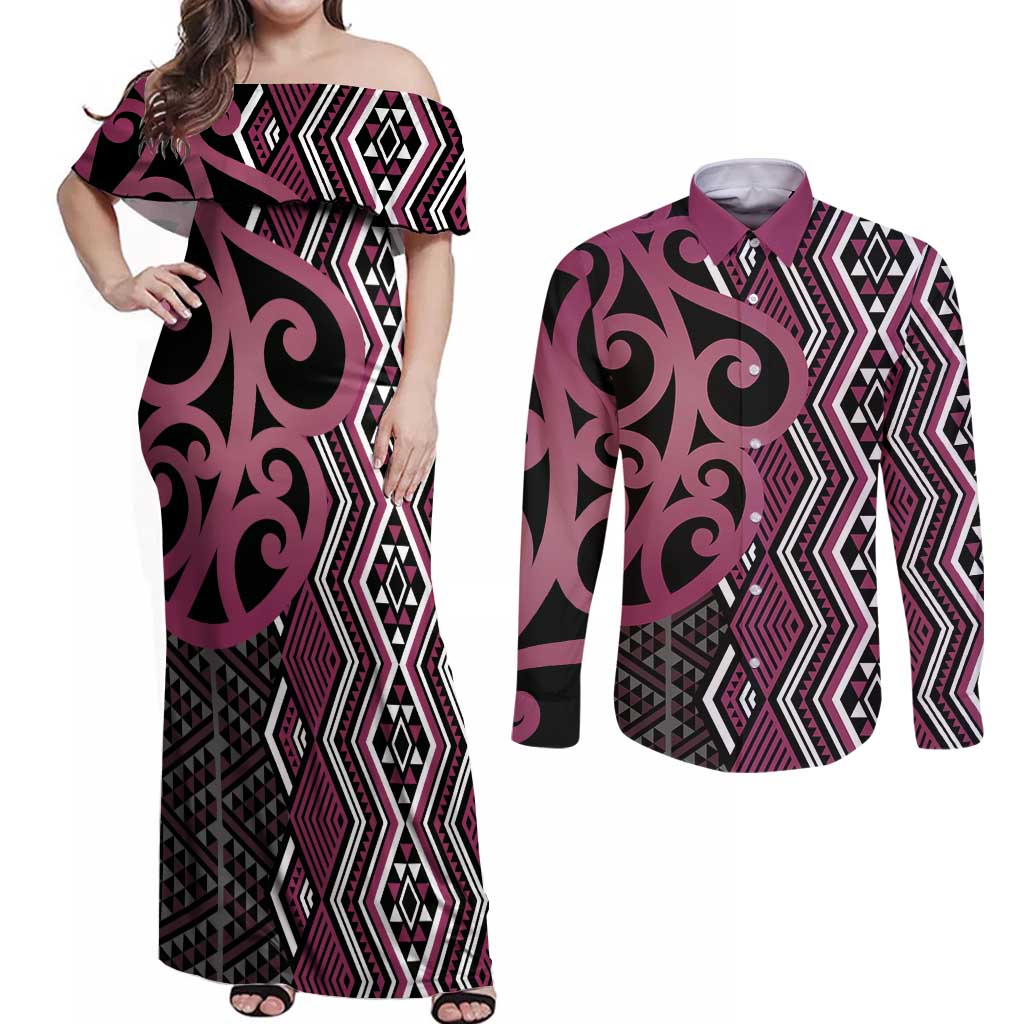 Maori Taniko Patterns Couples Matching Off Shoulder Maxi Dress and Long Sleeve Button Shirt Pink Patiki Motifs Mix Whakairo Ngaru