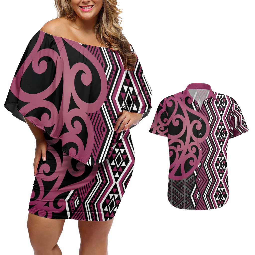 Maori Taniko Patterns Couples Matching Off Shoulder Short Dress and Hawaiian Shirt Pink Patiki Motifs Mix Whakairo Ngaru
