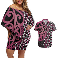 Maori Taniko Patterns Couples Matching Off Shoulder Short Dress and Hawaiian Shirt Pink Patiki Motifs Mix Whakairo Ngaru