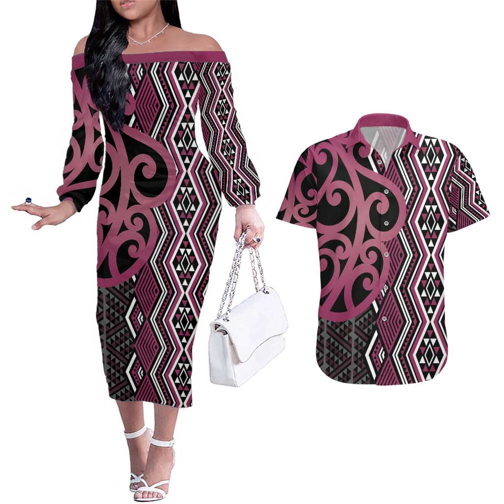 Maori Taniko Patterns Couples Matching Off The Shoulder Long Sleeve Dress and Hawaiian Shirt Pink Patiki Motifs Mix Whakairo Ngaru