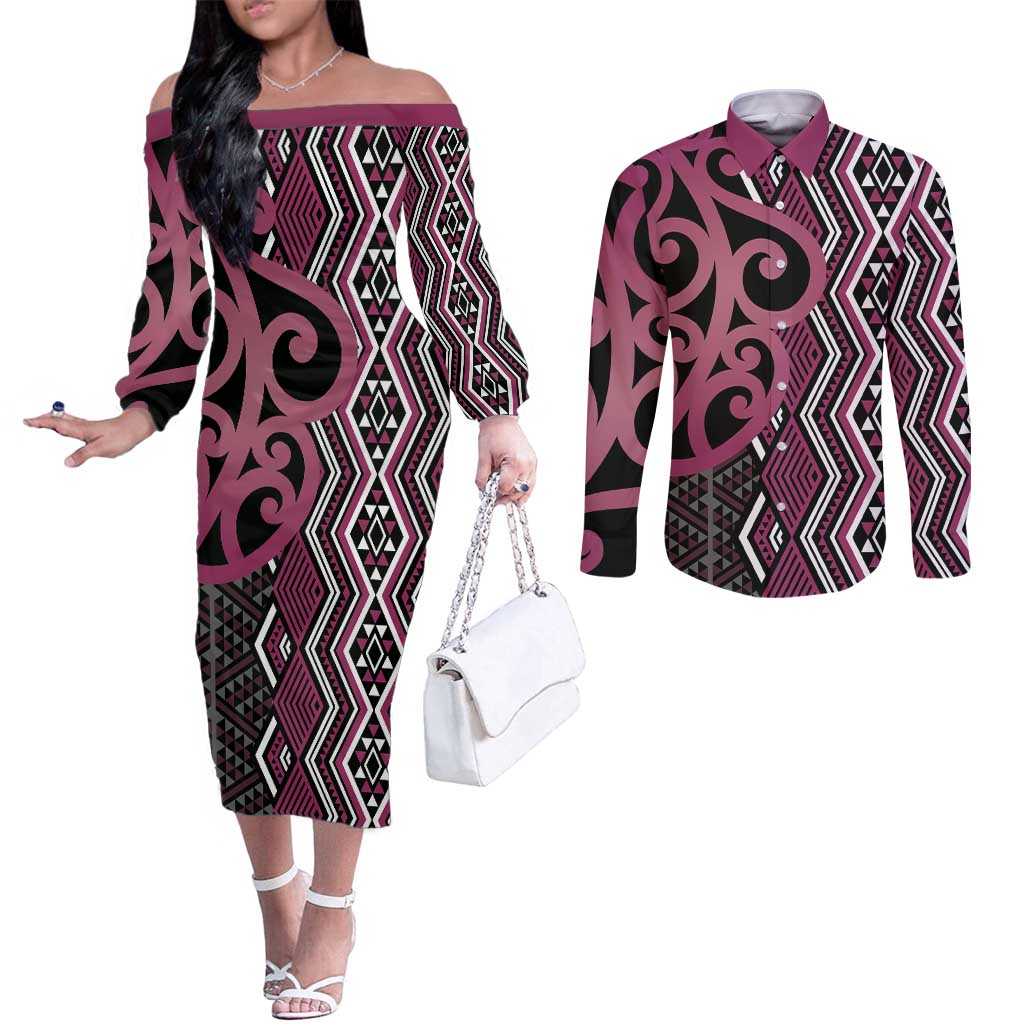 Maori Taniko Patterns Couples Matching Off The Shoulder Long Sleeve Dress and Long Sleeve Button Shirt Pink Patiki Motifs Mix Whakairo Ngaru LT7 Pink - Polynesian Pride
