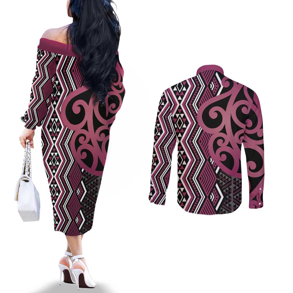 Maori Taniko Patterns Couples Matching Off The Shoulder Long Sleeve Dress and Long Sleeve Button Shirt Pink Patiki Motifs Mix Whakairo Ngaru LT7 - Polynesian Pride