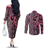 Maori Taniko Patterns Couples Matching Off The Shoulder Long Sleeve Dress and Long Sleeve Button Shirt Pink Patiki Motifs Mix Whakairo Ngaru LT7 - Polynesian Pride