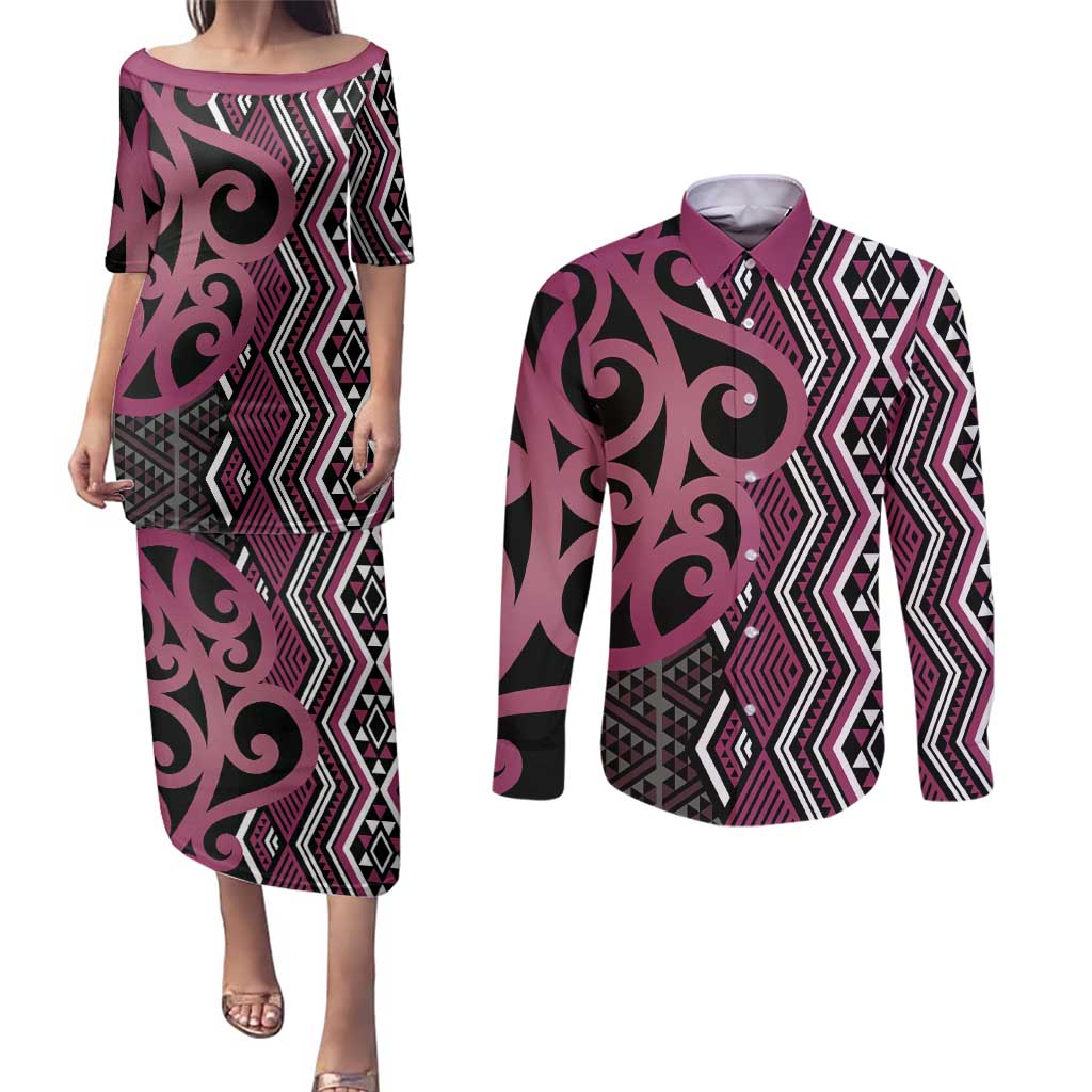Maori Taniko Patterns Couples Matching Puletasi and Long Sleeve Button Shirt Pink Patiki Motifs Mix Whakairo Ngaru