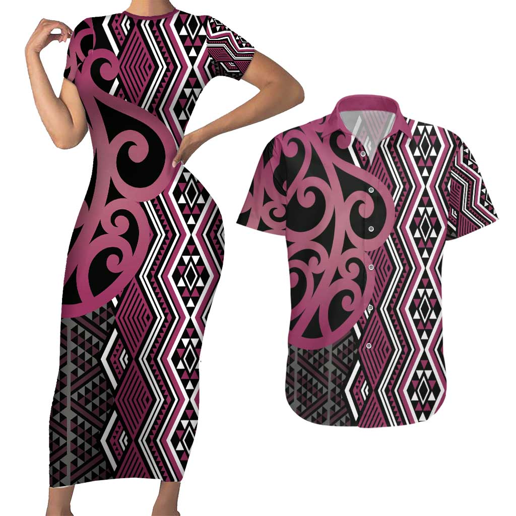 Maori Taniko Patterns Couples Matching Short Sleeve Bodycon Dress and Hawaiian Shirt Pink Patiki Motifs Mix Whakairo Ngaru
