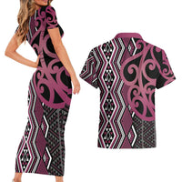 Maori Taniko Patterns Couples Matching Short Sleeve Bodycon Dress and Hawaiian Shirt Pink Patiki Motifs Mix Whakairo Ngaru