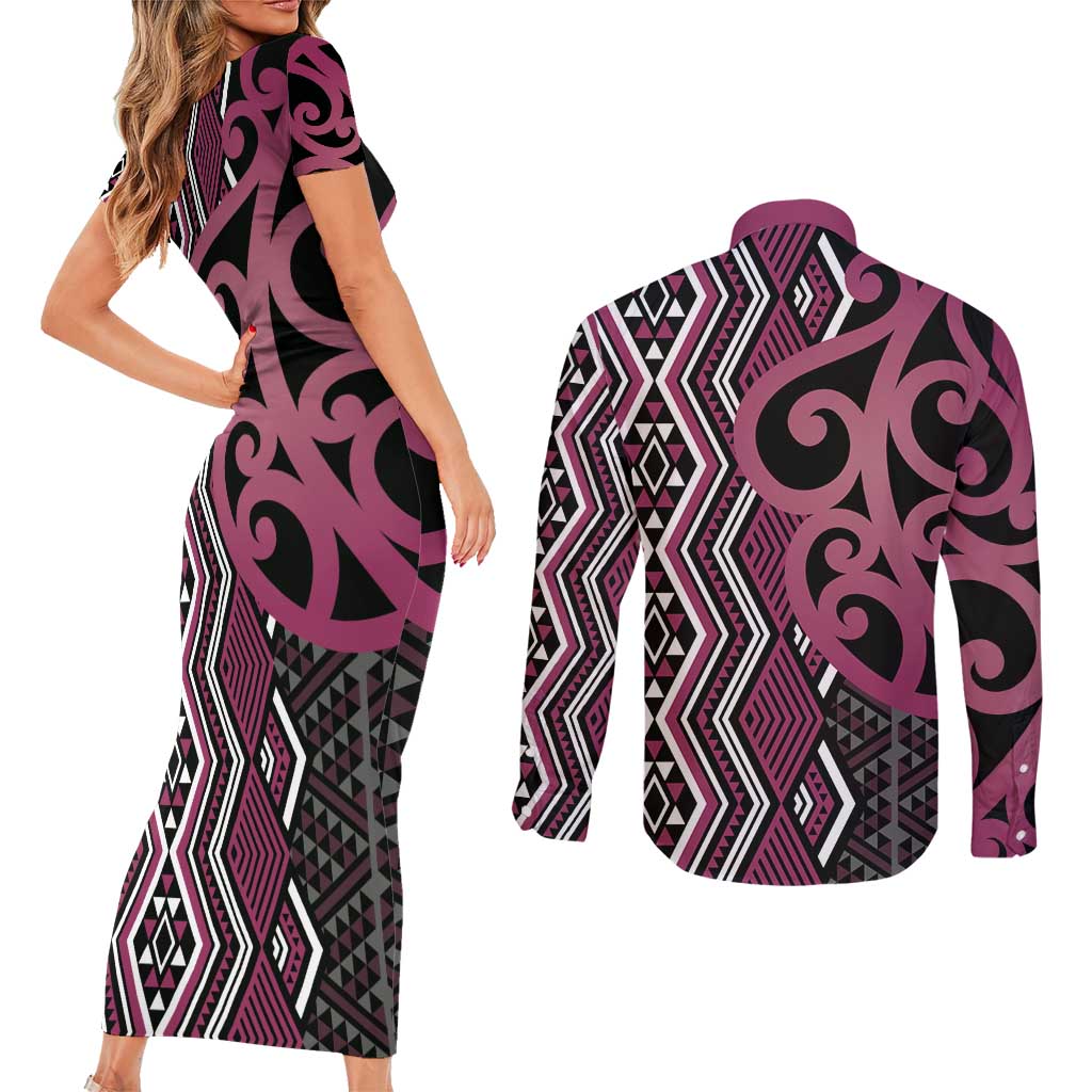 Maori Taniko Patterns Couples Matching Short Sleeve Bodycon Dress and Long Sleeve Button Shirt Pink Patiki Motifs Mix Whakairo Ngaru