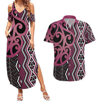 Maori Taniko Patterns Couples Matching Summer Maxi Dress and Hawaiian Shirt Pink Patiki Motifs Mix Whakairo Ngaru