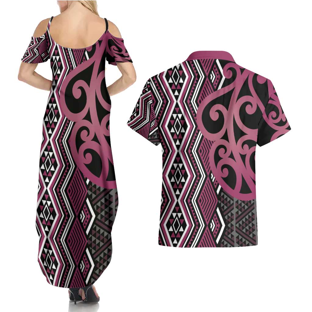 Maori Taniko Patterns Couples Matching Summer Maxi Dress and Hawaiian Shirt Pink Patiki Motifs Mix Whakairo Ngaru