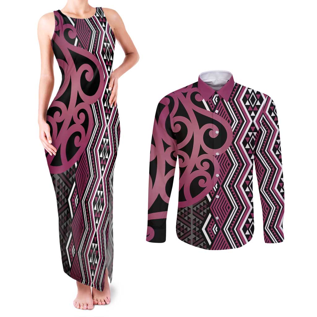 Maori Taniko Patterns Couples Matching Tank Maxi Dress and Long Sleeve Button Shirt Pink Patiki Motifs Mix Whakairo Ngaru