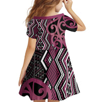 Maori Taniko Patterns Family Matching Off The Shoulder Long Sleeve Dress and Hawaiian Shirt Pink Patiki Motifs Mix Whakairo Ngaru