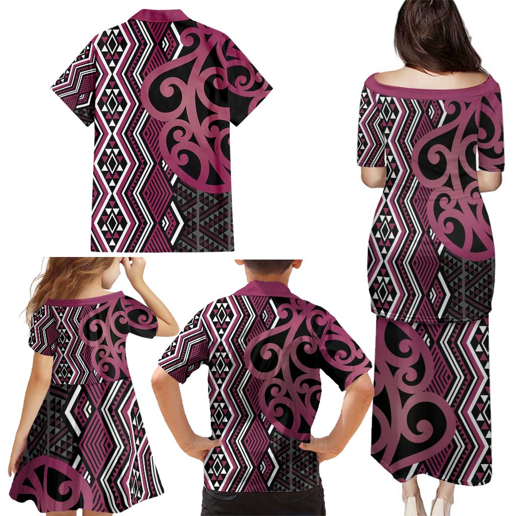 Maori Taniko Patterns Family Matching Puletasi and Hawaiian Shirt Pink Patiki Motifs Mix Whakairo Ngaru