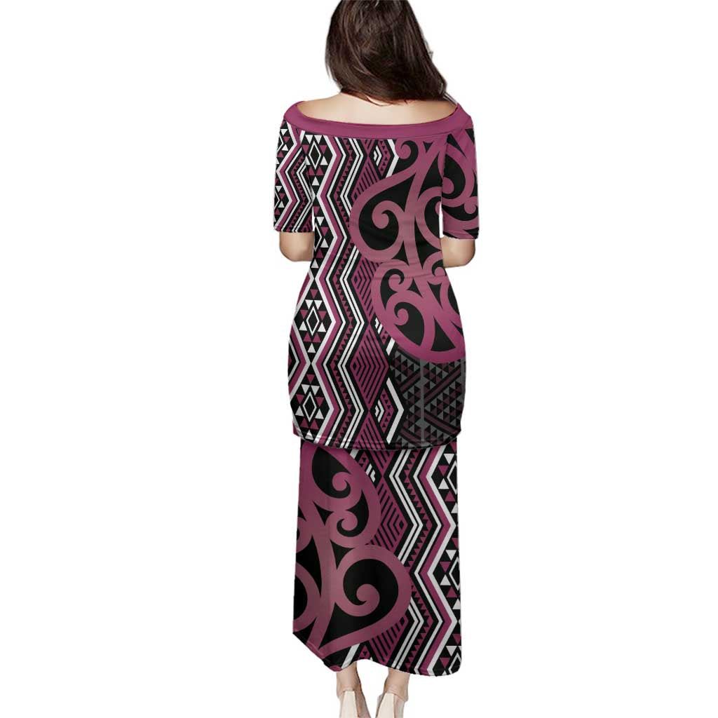 Maori Taniko Patterns Family Matching Puletasi and Hawaiian Shirt Pink Patiki Motifs Mix Whakairo Ngaru