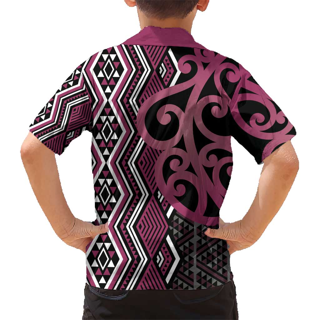 Maori Taniko Patterns Kid Hawaiian Shirt Pink Patiki Motifs Mix Whakairo Ngaru