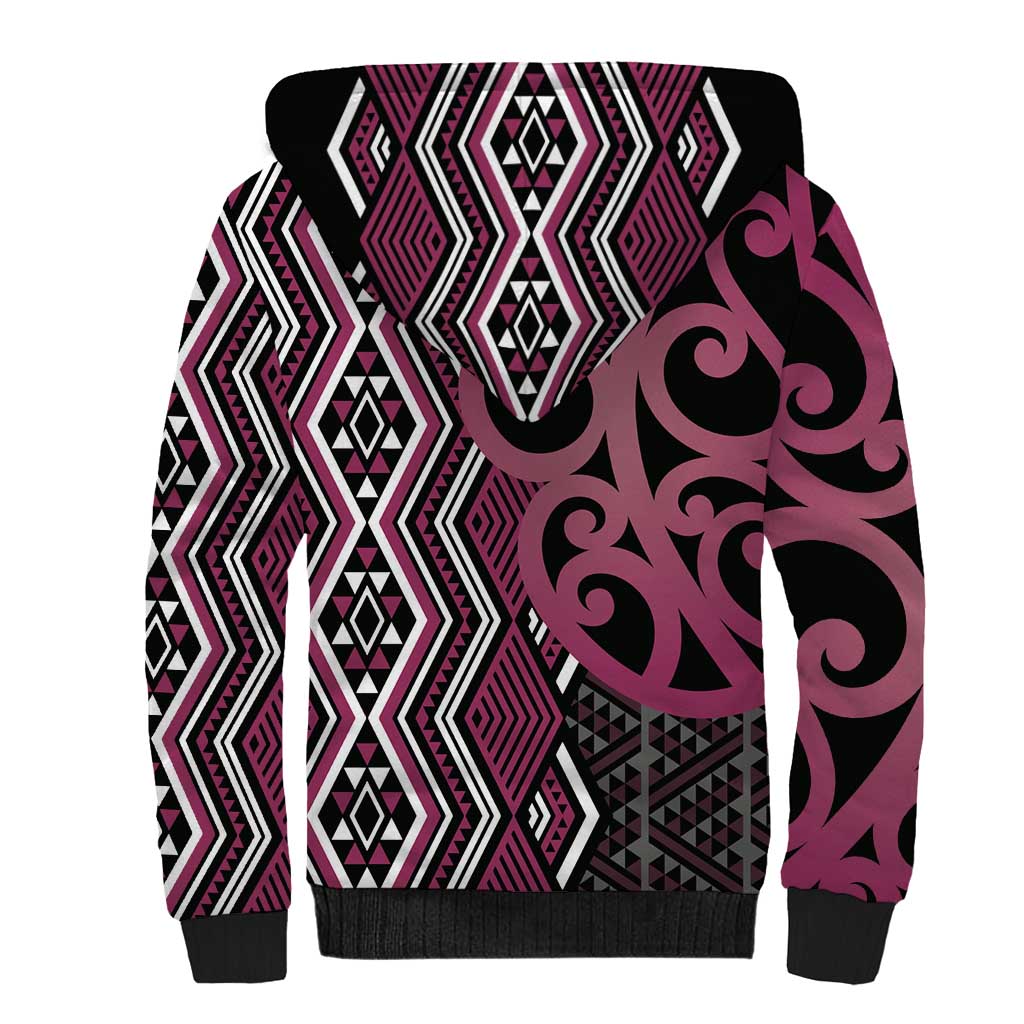 Maori Taniko Patterns Sherpa Hoodie Pink Patiki Motifs Mix Whakairo Ngaru