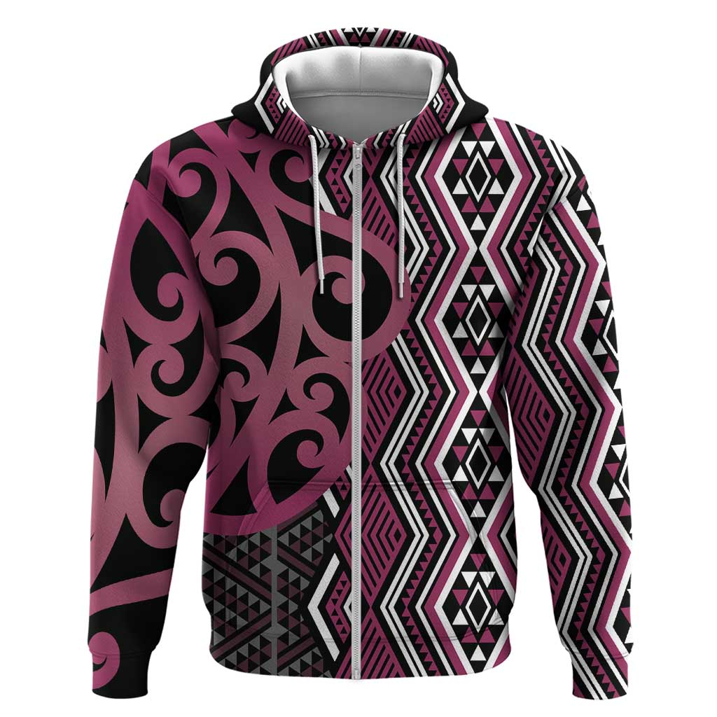 Maori Taniko Patterns Zip Hoodie Pink Patiki Motifs Mix Whakairo Ngaru