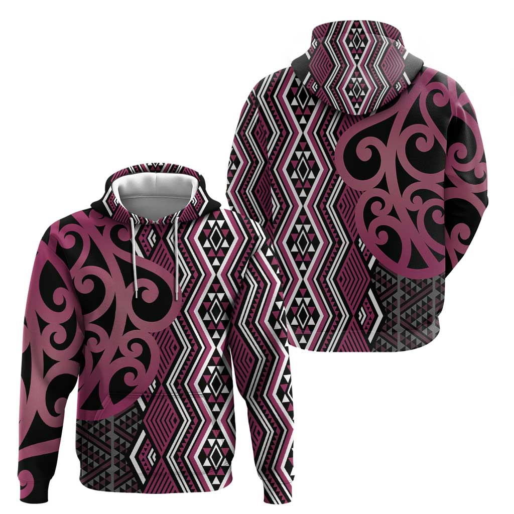 Maori Taniko Patterns Zip Hoodie Pink Patiki Motifs Mix Whakairo Ngaru
