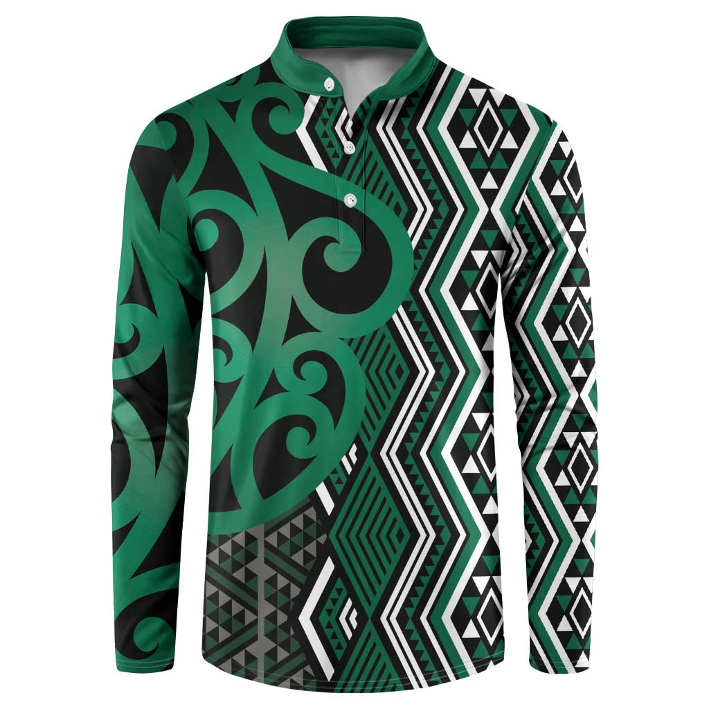 Maori Taniko Patterns Button Sweatshirt Pounamu Patiki Motifs Mix Whakairo Ngaru LT7 Green - Polynesian Pride