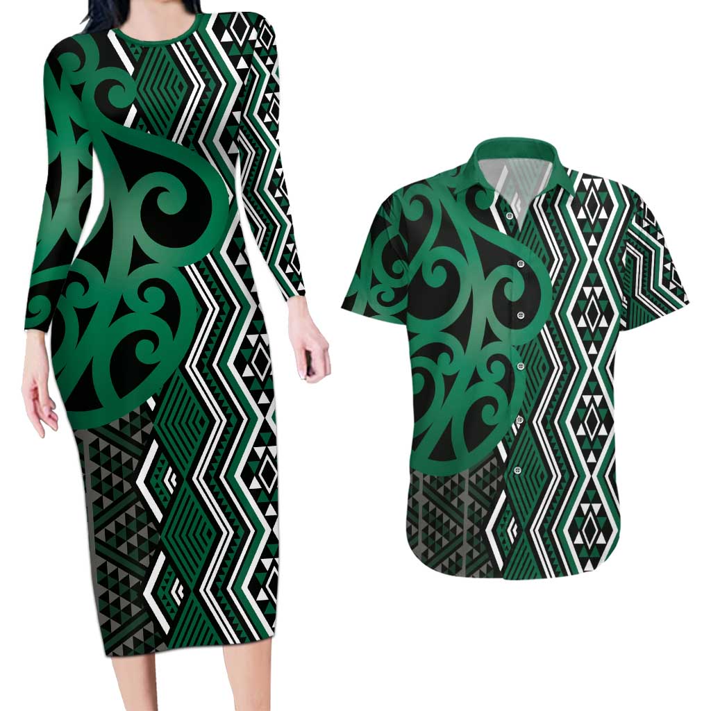 Maori Taniko Patterns Couples Matching Long Sleeve Bodycon Dress and Hawaiian Shirt Pounamu Patiki Motifs Mix Whakairo Ngaru