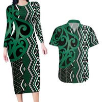 Maori Taniko Patterns Couples Matching Long Sleeve Bodycon Dress and Hawaiian Shirt Pounamu Patiki Motifs Mix Whakairo Ngaru