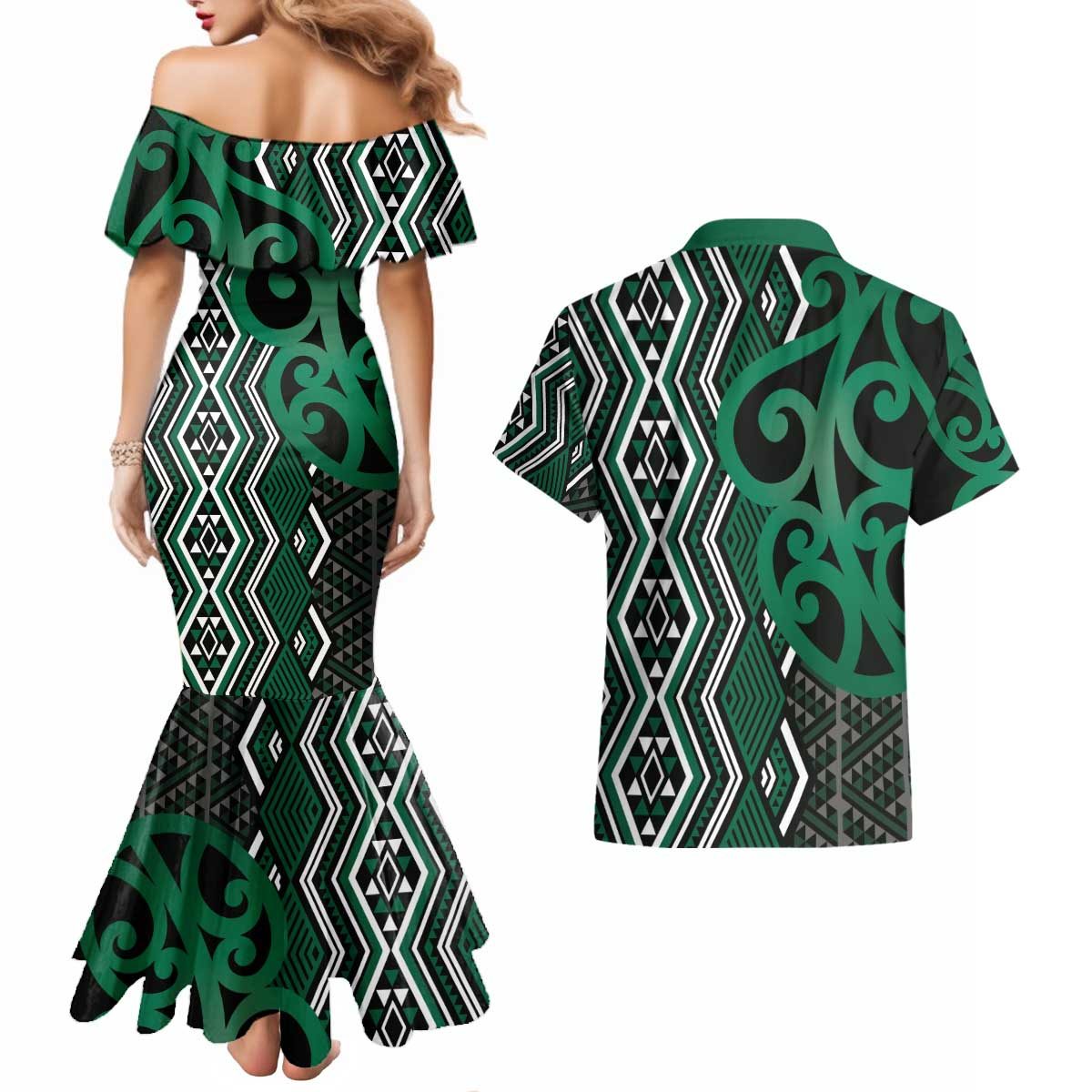 Maori Taniko Patterns Couples Matching Mermaid Dress and Hawaiian Shirt Pounamu Patiki Motifs Mix Whakairo Ngaru