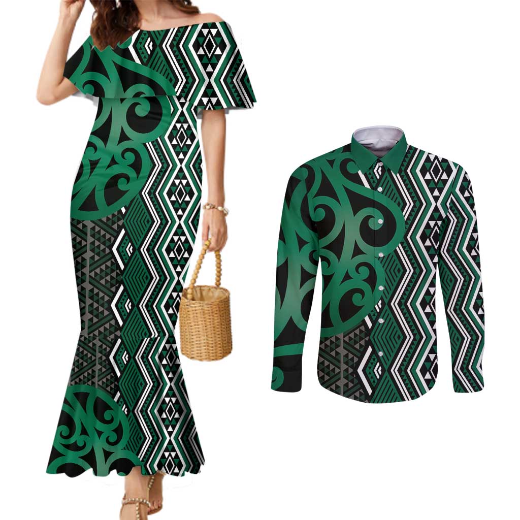 Maori Taniko Patterns Couples Matching Mermaid Dress and Long Sleeve Button Shirt Pounamu Patiki Motifs Mix Whakairo Ngaru LT7 Green - Polynesian Pride