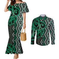 Maori Taniko Patterns Couples Matching Mermaid Dress and Long Sleeve Button Shirt Pounamu Patiki Motifs Mix Whakairo Ngaru LT7 Green - Polynesian Pride