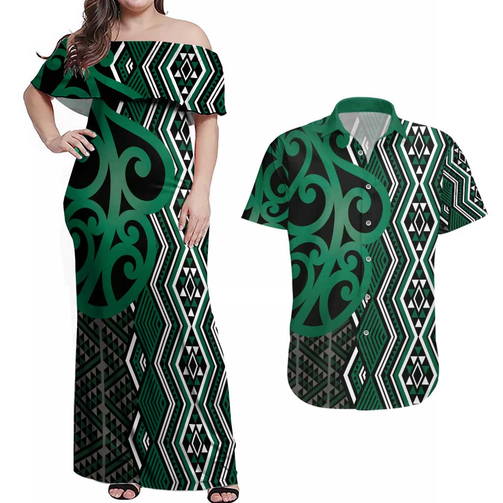 Maori Taniko Patterns Couples Matching Off Shoulder Maxi Dress and Hawaiian Shirt Pounamu Patiki Motifs Mix Whakairo Ngaru
