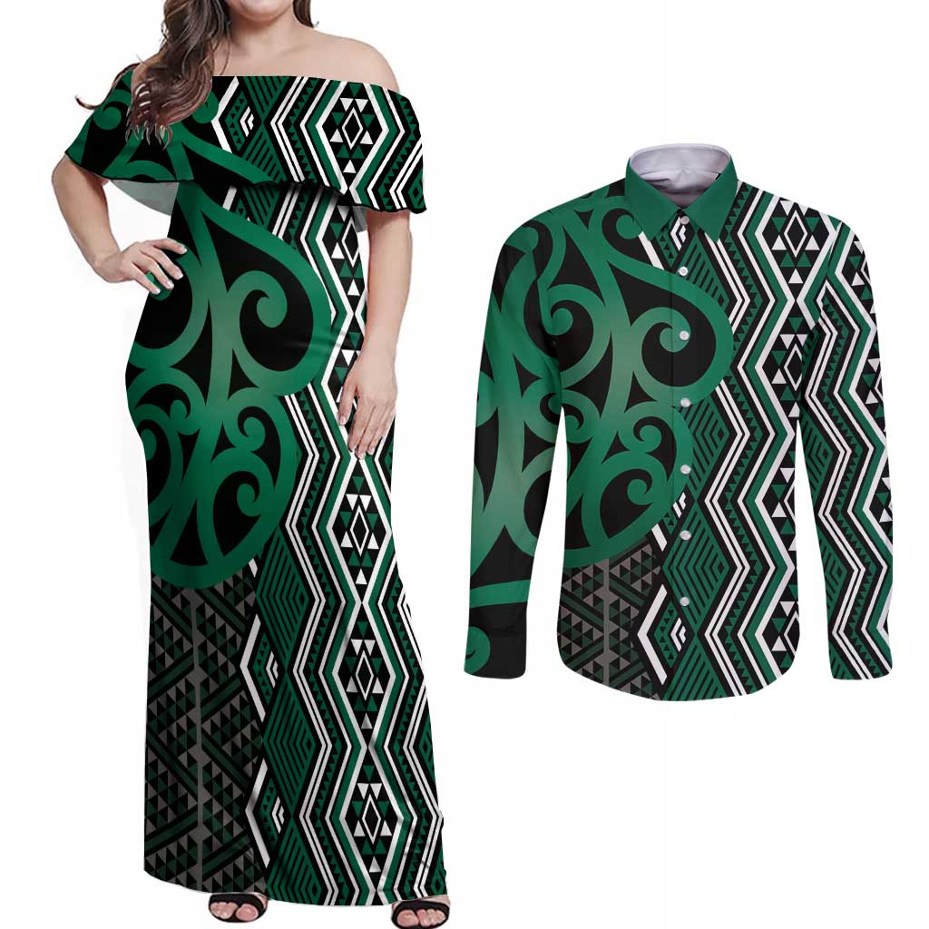 Maori Taniko Patterns Couples Matching Off Shoulder Maxi Dress and Long Sleeve Button Shirt Pounamu Patiki Motifs Mix Whakairo Ngaru