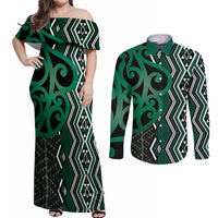 Maori Taniko Patterns Couples Matching Off Shoulder Maxi Dress and Long Sleeve Button Shirt Pounamu Patiki Motifs Mix Whakairo Ngaru
