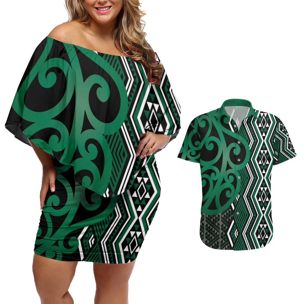 Maori Taniko Patterns Couples Matching Off Shoulder Short Dress and Hawaiian Shirt Pounamu Patiki Motifs Mix Whakairo Ngaru