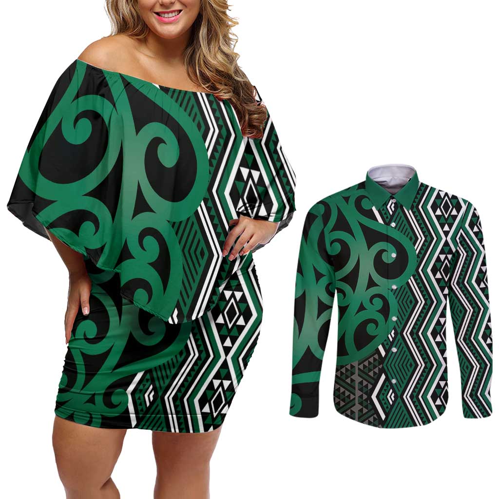 Maori Taniko Patterns Couples Matching Off Shoulder Short Dress and Long Sleeve Button Shirt Pounamu Patiki Motifs Mix Whakairo Ngaru
