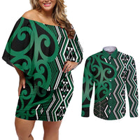 Maori Taniko Patterns Couples Matching Off Shoulder Short Dress and Long Sleeve Button Shirt Pounamu Patiki Motifs Mix Whakairo Ngaru