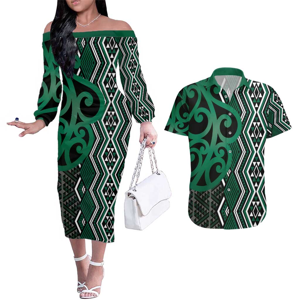 Maori Taniko Patterns Couples Matching Off The Shoulder Long Sleeve Dress and Hawaiian Shirt Pounamu Patiki Motifs Mix Whakairo Ngaru