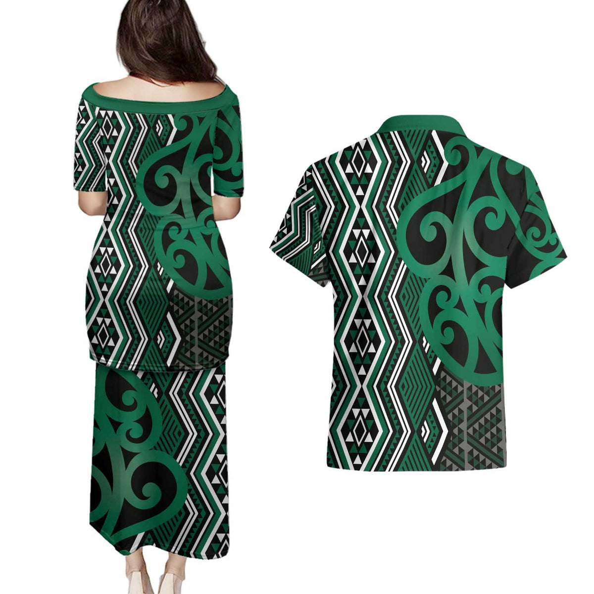 Maori Taniko Patterns Couples Matching Puletasi and Hawaiian Shirt Pounamu Patiki Motifs Mix Whakairo Ngaru