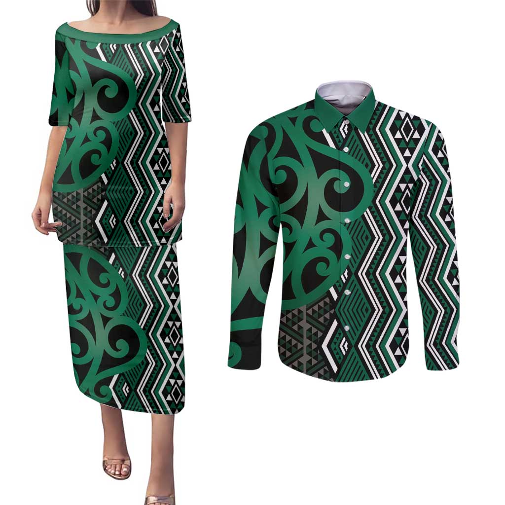 Maori Taniko Patterns Couples Matching Puletasi and Long Sleeve Button Shirt Pounamu Patiki Motifs Mix Whakairo Ngaru