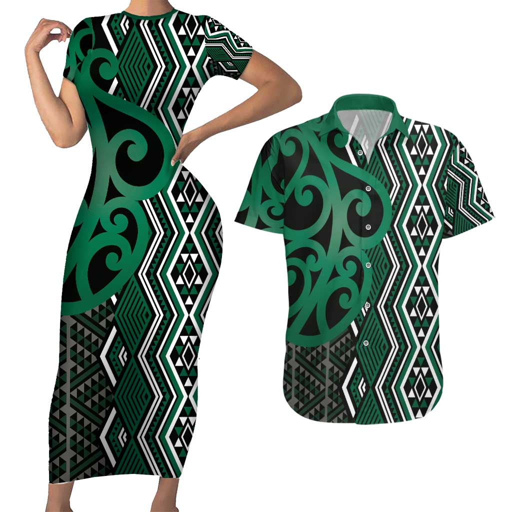 Maori Taniko Patterns Couples Matching Short Sleeve Bodycon Dress and Hawaiian Shirt Pounamu Patiki Motifs Mix Whakairo Ngaru