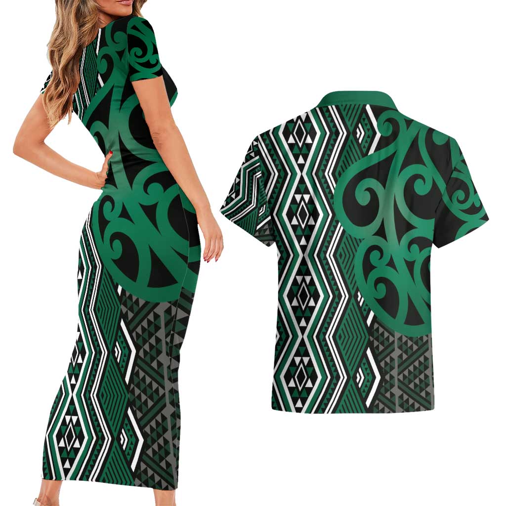 Maori Taniko Patterns Couples Matching Short Sleeve Bodycon Dress and Hawaiian Shirt Pounamu Patiki Motifs Mix Whakairo Ngaru