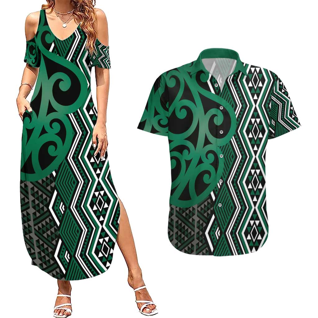 Maori Taniko Patterns Couples Matching Summer Maxi Dress and Hawaiian Shirt Pounamu Patiki Motifs Mix Whakairo Ngaru