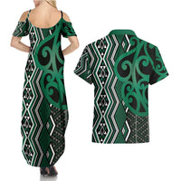 Maori Taniko Patterns Couples Matching Summer Maxi Dress and Hawaiian Shirt Pounamu Patiki Motifs Mix Whakairo Ngaru