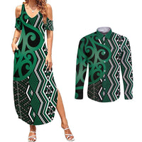 Maori Taniko Patterns Couples Matching Summer Maxi Dress and Long Sleeve Button Shirt Pounamu Patiki Motifs Mix Whakairo Ngaru