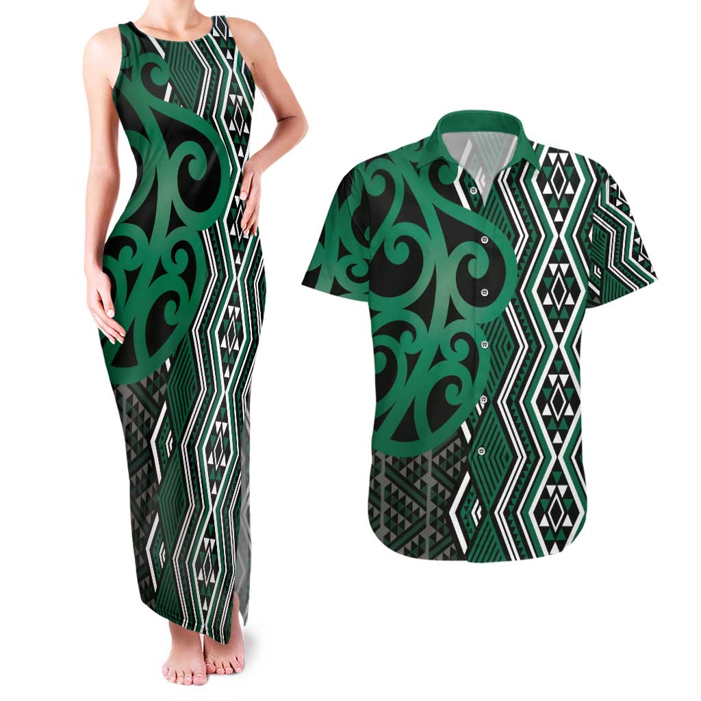 Maori Taniko Patterns Couples Matching Tank Maxi Dress and Hawaiian Shirt Pounamu Patiki Motifs Mix Whakairo Ngaru