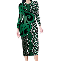 Maori Taniko Patterns Long Sleeve Bodycon Dress Pounamu Patiki Motifs Mix Whakairo Ngaru