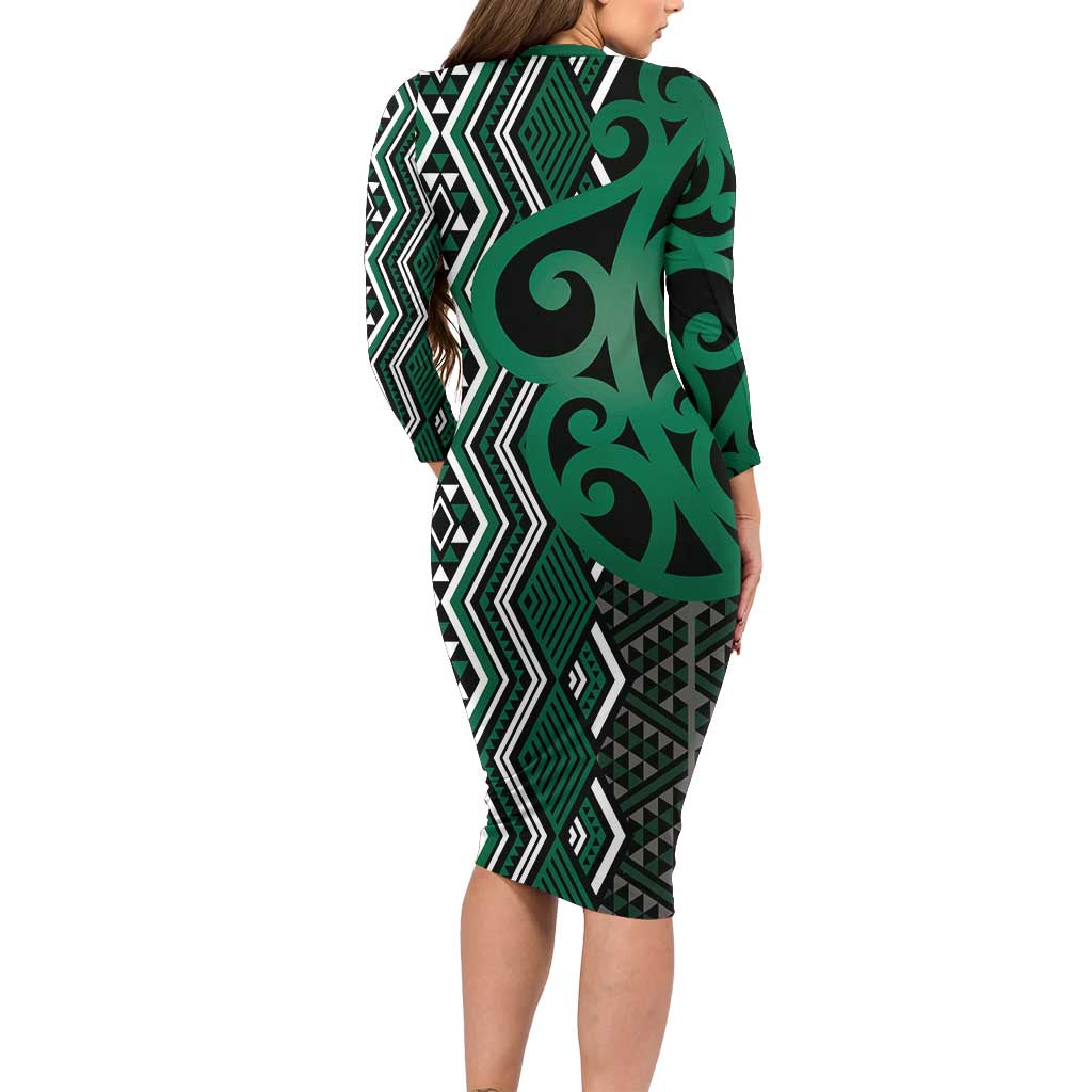 Maori Taniko Patterns Long Sleeve Bodycon Dress Pounamu Patiki Motifs Mix Whakairo Ngaru