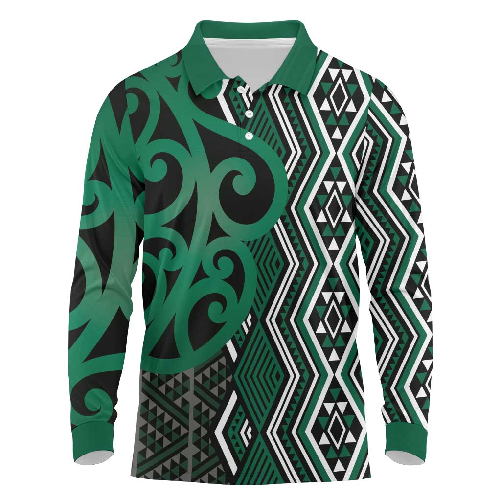 Maori Taniko Patterns Long Sleeve Polo Shirt Pounamu Patiki Motifs Mix Whakairo Ngaru