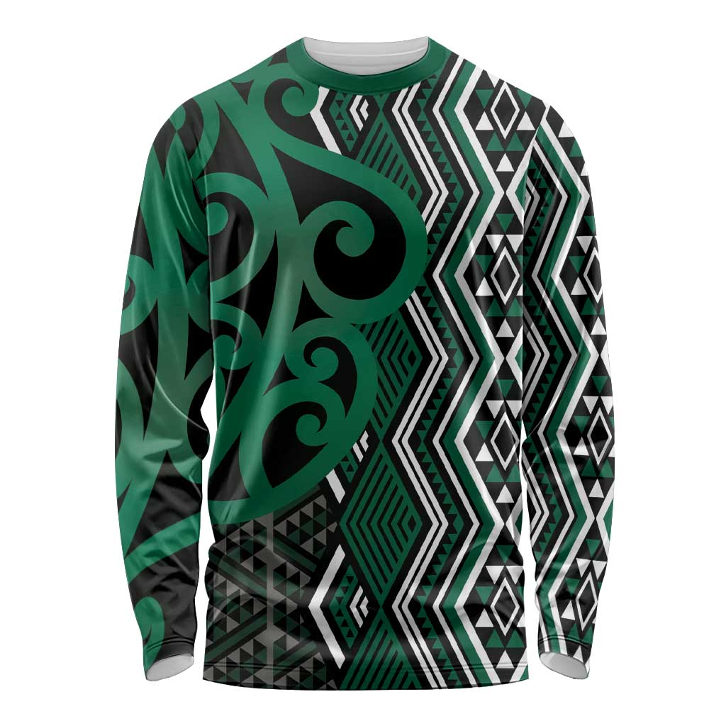 Maori Taniko Patterns Long Sleeve Shirt Pounamu Patiki Motifs Mix Whakairo Ngaru LT7 Unisex Green - Polynesian Pride
