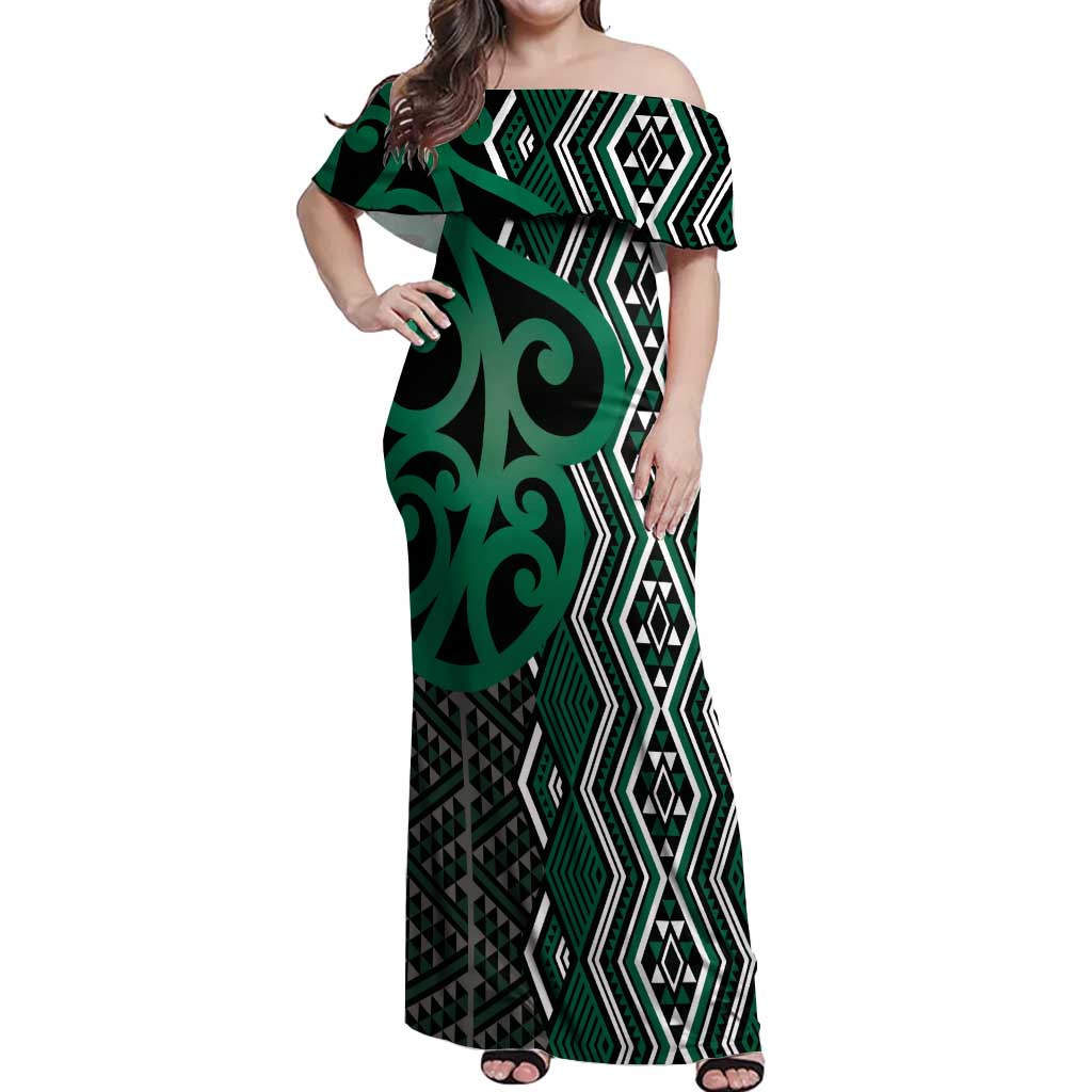Maori Taniko Patterns Off Shoulder Maxi Dress Pounamu Patiki Motifs Mix Whakairo Ngaru