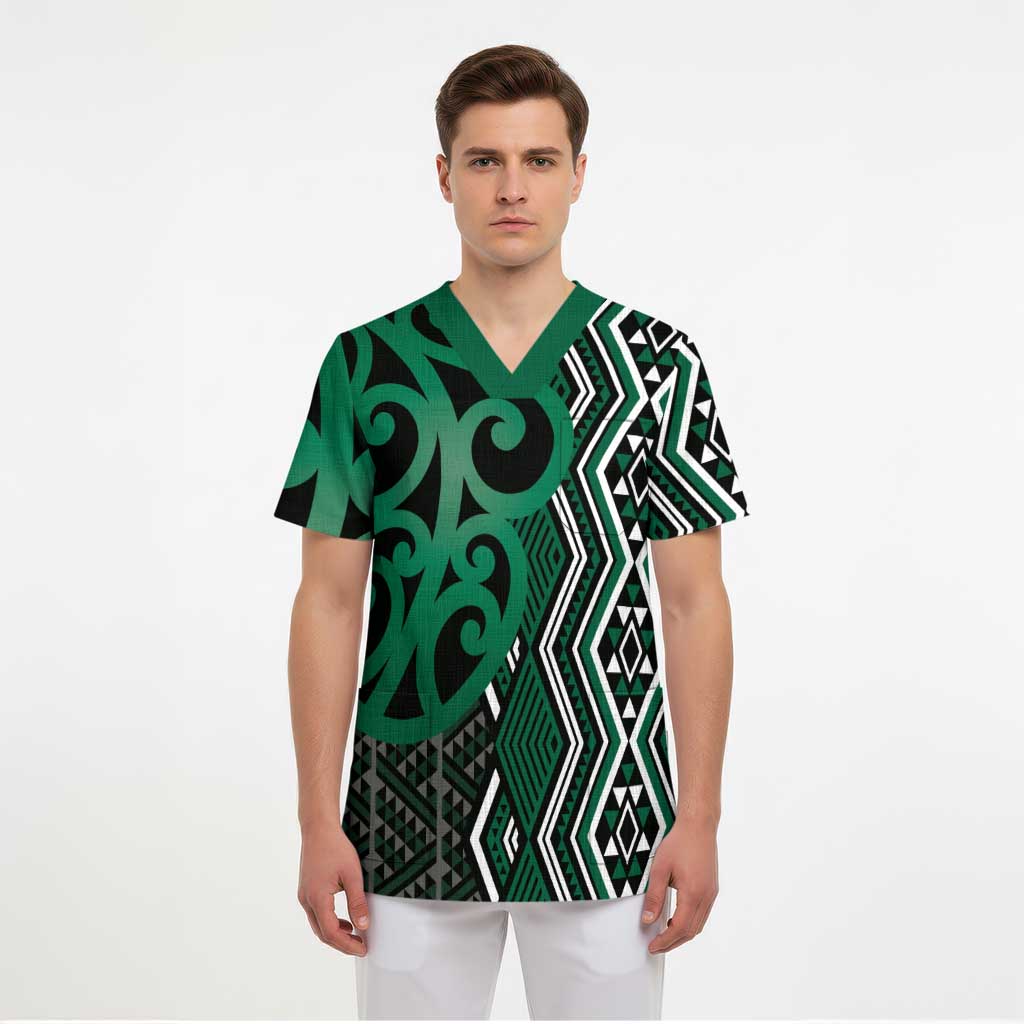 Maori Taniko Patterns Scrub Top Pounamu Patiki Motifs Mix Whakairo Ngaru - Polynesian Pride